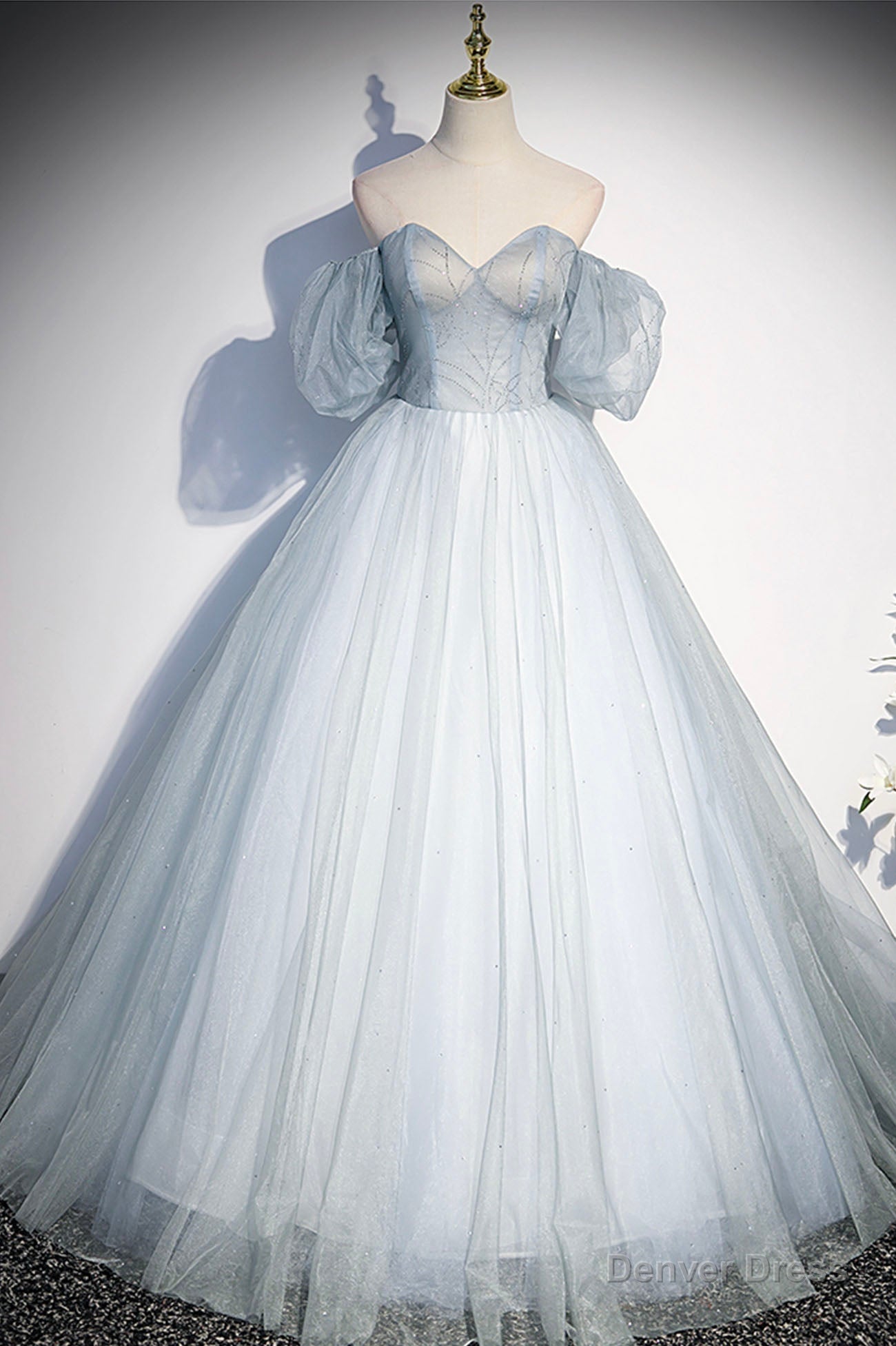 Blue Tulle Long A Line Prom Dress, Blue Off the Shoulder Prom Dresses