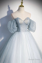 Blue Tulle Long A Line Prom Dress, Blue Off the Shoulder Prom Dresses