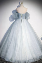 Blue Tulle Long A Line Prom Dress, Blue Off the Shoulder Prom Dresses