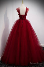 Burgundy Tulle Long A-Line Prom Dress, Burgundy Evening Party Dress