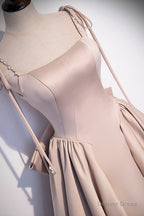 Pink Satin Long Prom Dress, Graduation Dresses with Bows