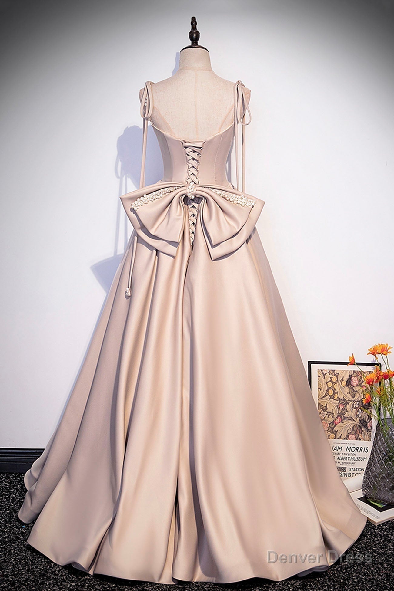 Pink Satin Long Prom Dress, Graduation Dresses with Bows