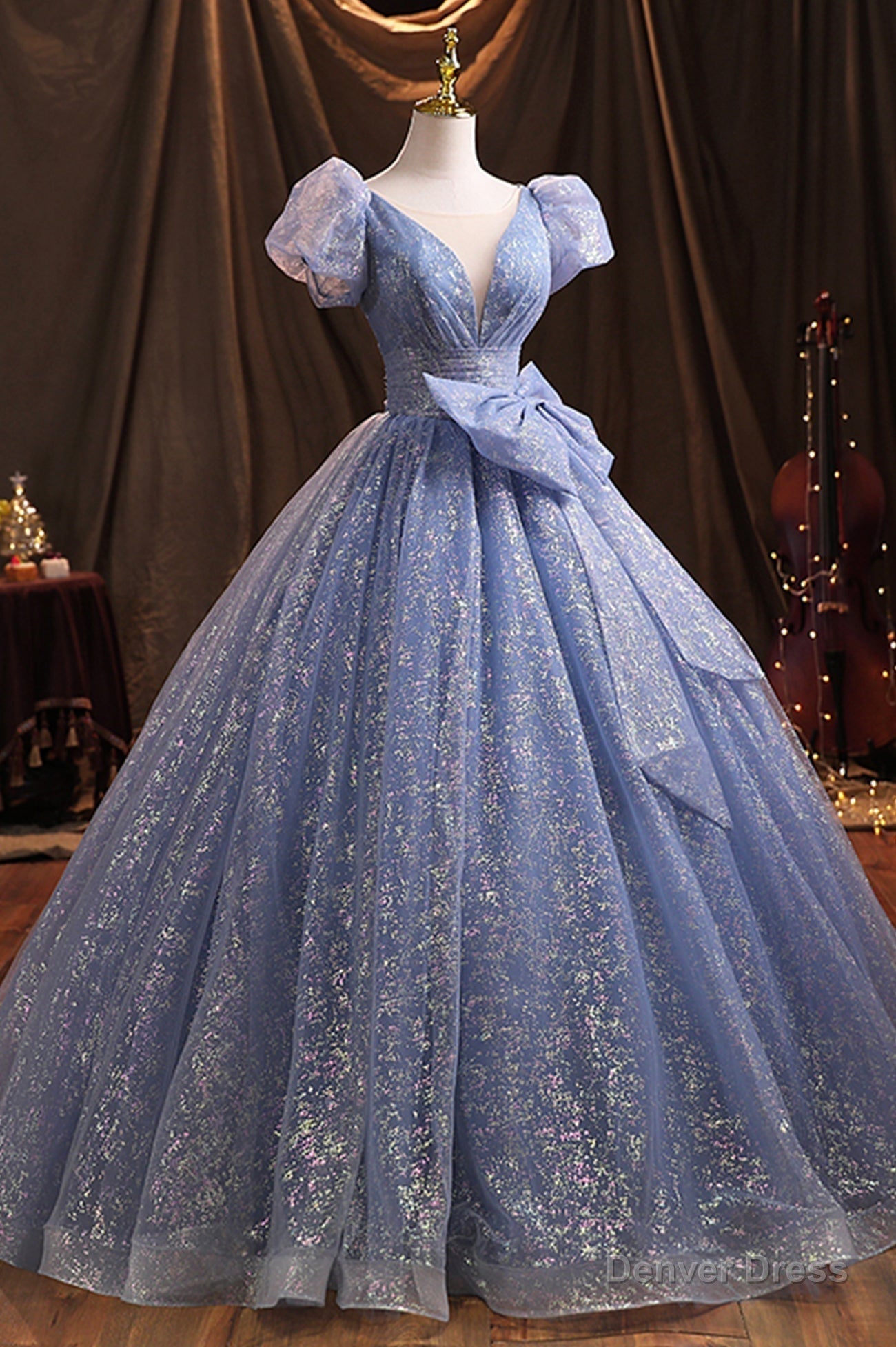 Blue Tulle Sequins Long Prom Dress, A-Line Evening Gown with Bow Secondary image