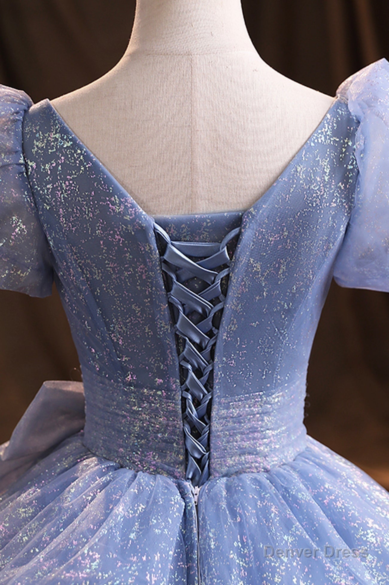 Blue Tulle Sequins Long Prom Dress, A-Line Evening Gown with Bow