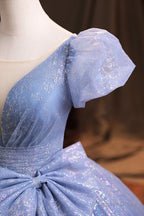 Blue Tulle Sequins Long Prom Dress, A-Line Evening Gown with Bow