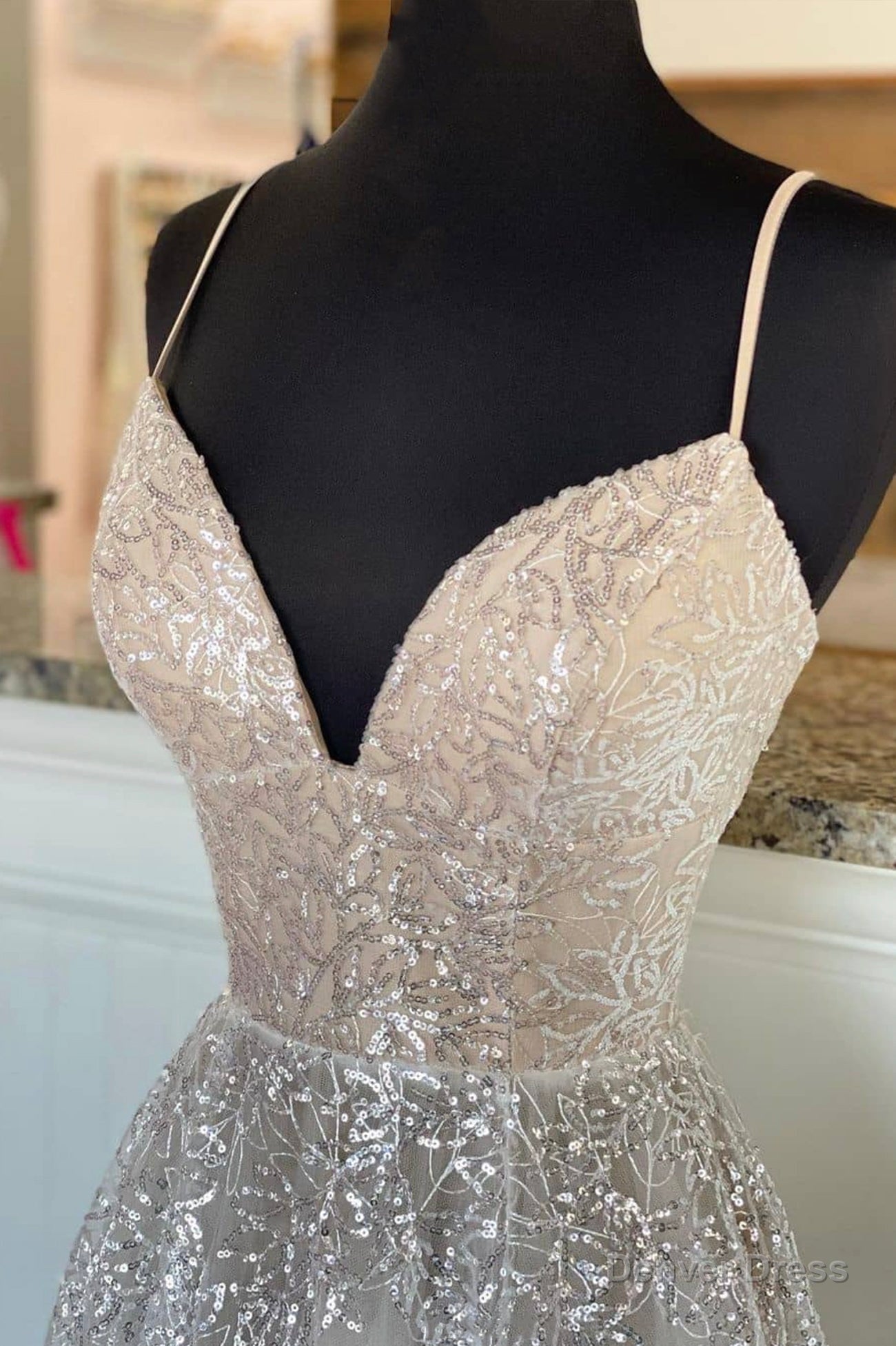 A Line Tulle Sequins Long Prom Dress, Spaghetti Straps V Neck Prom Dresses