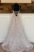 A-Line Tulle Sequins Long Prom Dresses, Spaghetti Straps V-Neck Evening Dresses