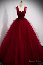 Burgundy Tulle Long A-Line Prom Dress, Burgundy Evening Party Dress