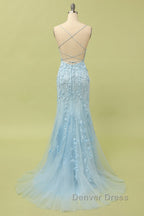 Mermaid Blue Long Prom Dress Backless Prom Dresses
