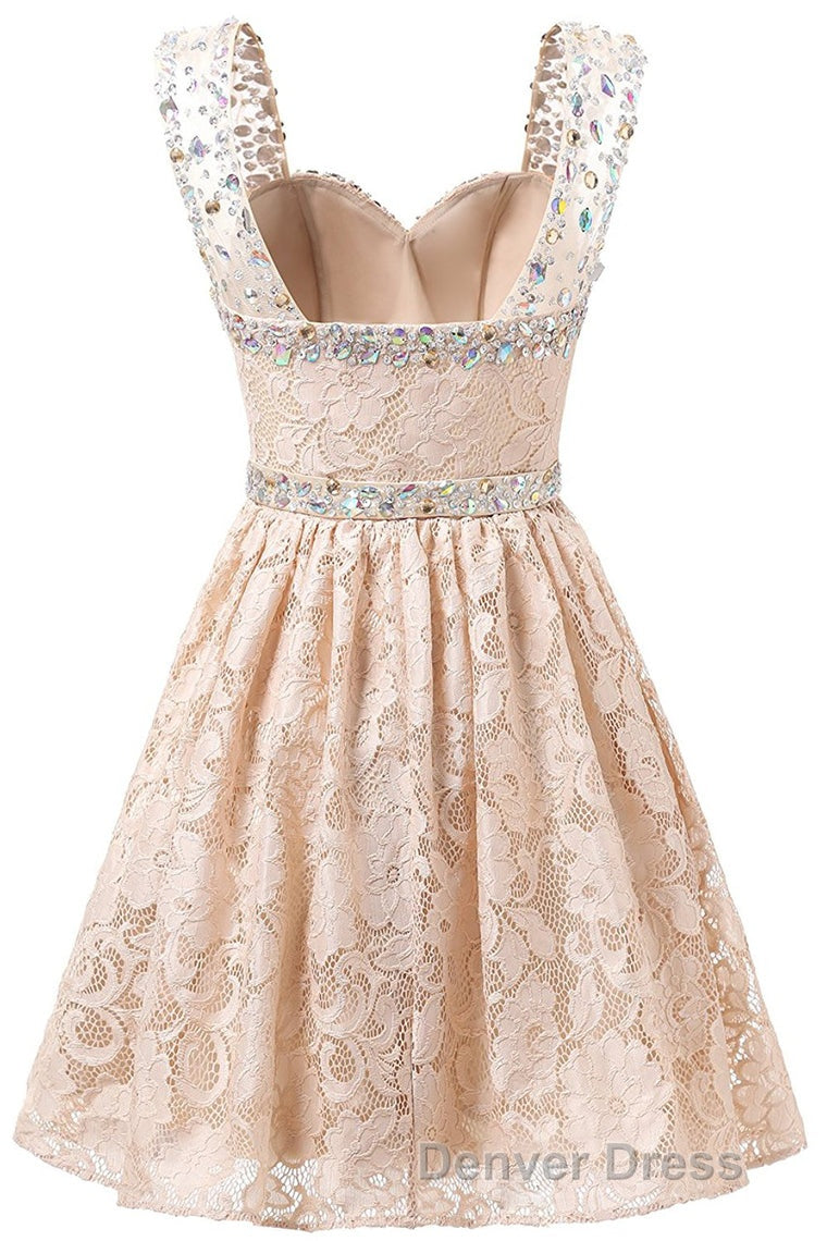 Gorgeous A Line Straps Knee Length Lace With Beading Homecoming Dresses Secondary image