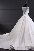 Chic Round Neck Lace Satin Short Sleeves Long Ball Gowns Wedding Dresses