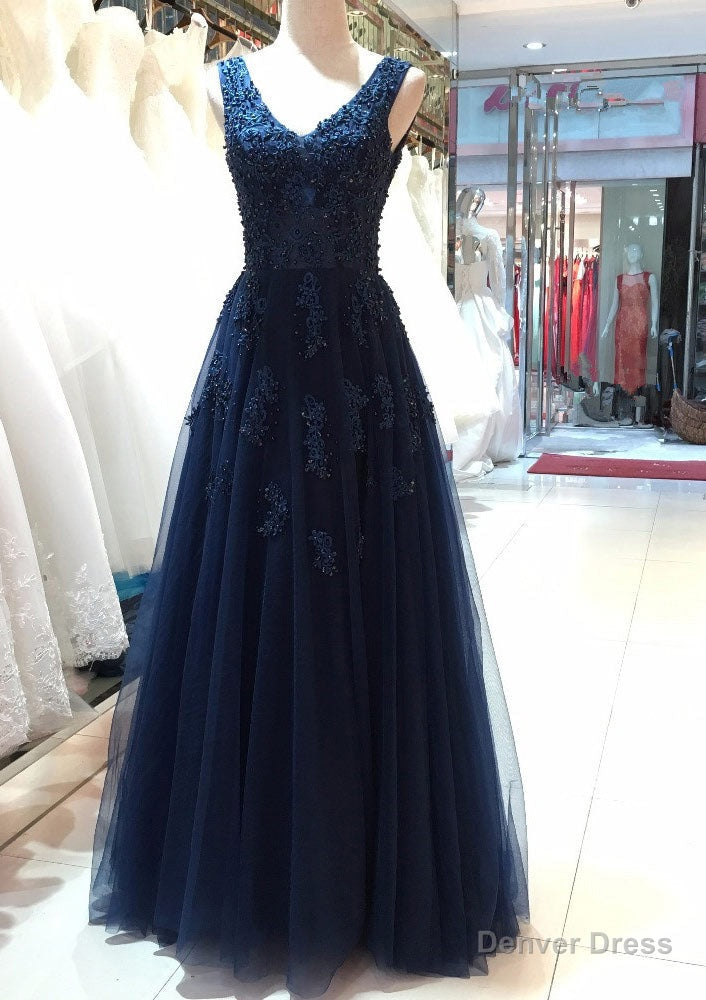 Tulle Dark Navy Prom Dress A-Line/Princess V-Neck Long/Floor-Length With Beaded Appliqued