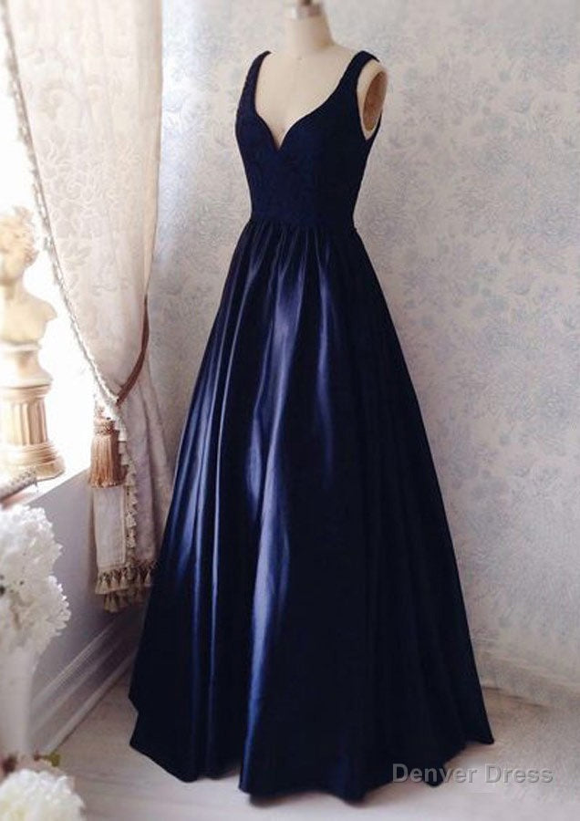 Dark Navy Prom Dresses, A-line/Princess V Neck Sleeveless Long/Floor-Length Satin Prom Dress