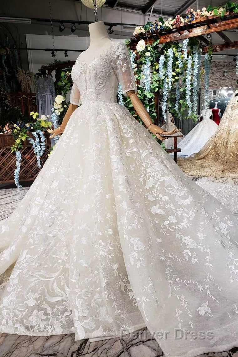 Luxury Lace Wedding Dresses Scoop Half Sleeves Appliques Ball Gown Secondary image