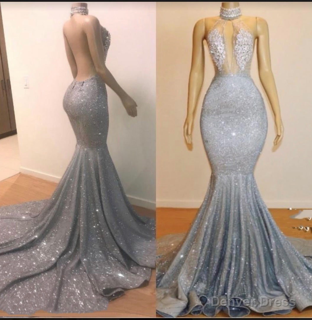 2025 High Neck Silver Backless Sexy Mermaid Prom Dresses Main image