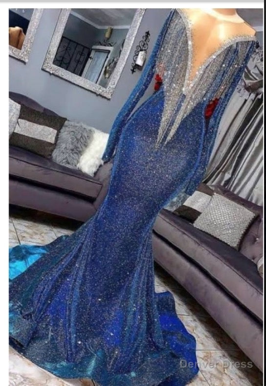 2025 Sexy Long Sleeve Mermaid V Neck Royal Blue Long Prom Dresses