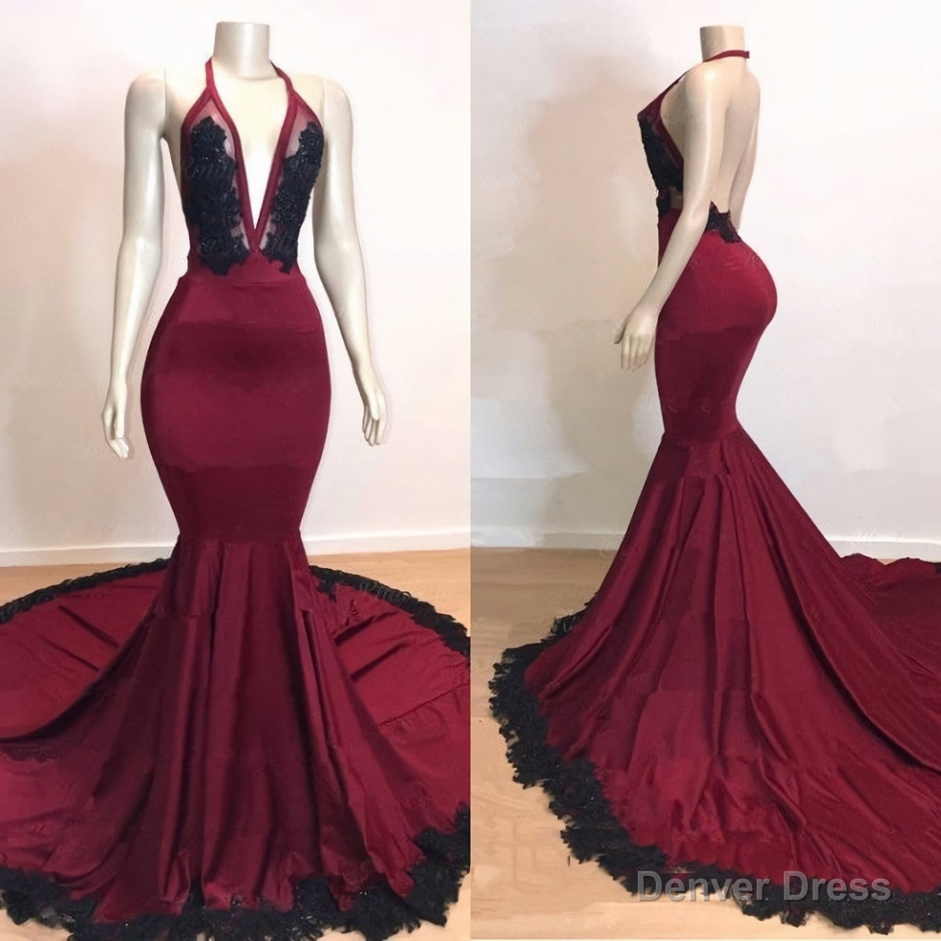 Mermaid V Neck Backless Burgundy And Black Long 2025 Prom Dresses