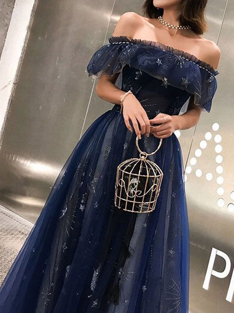 A Line Prom Dress Elegant Dresses Wedding Guest Prom Wear Floor Length Short Sleeve Off Shoulder Tulle with Embroidery Tiered