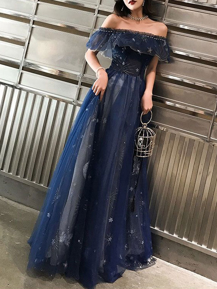 A Line Prom Dress Elegant Dresses Wedding Guest Prom Wear Floor Length Short Sleeve Off Shoulder Tulle with Embroidery Tiered