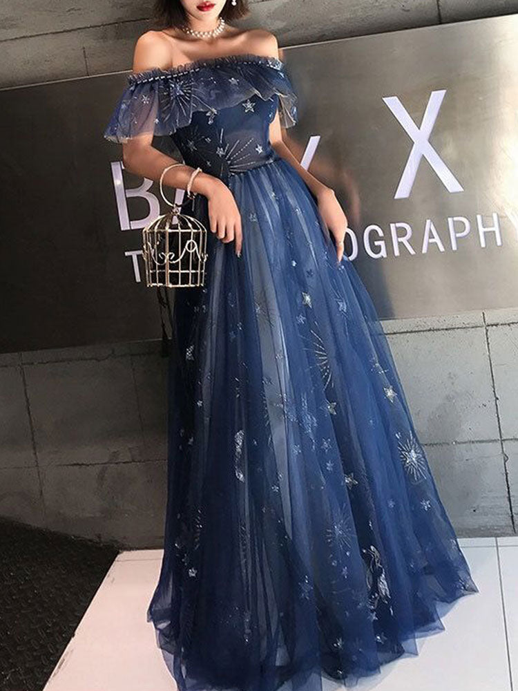 A Line Prom Dress Elegant Dresses Wedding Guest Prom Wear Floor Length Short Sleeve Off Shoulder Tulle with Embroidery Tiered