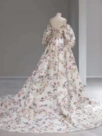 Bubble Sleeves A Line Prom Dress, Elegant Floral Long Prom Dress, Popular Wedding Guest Dresses