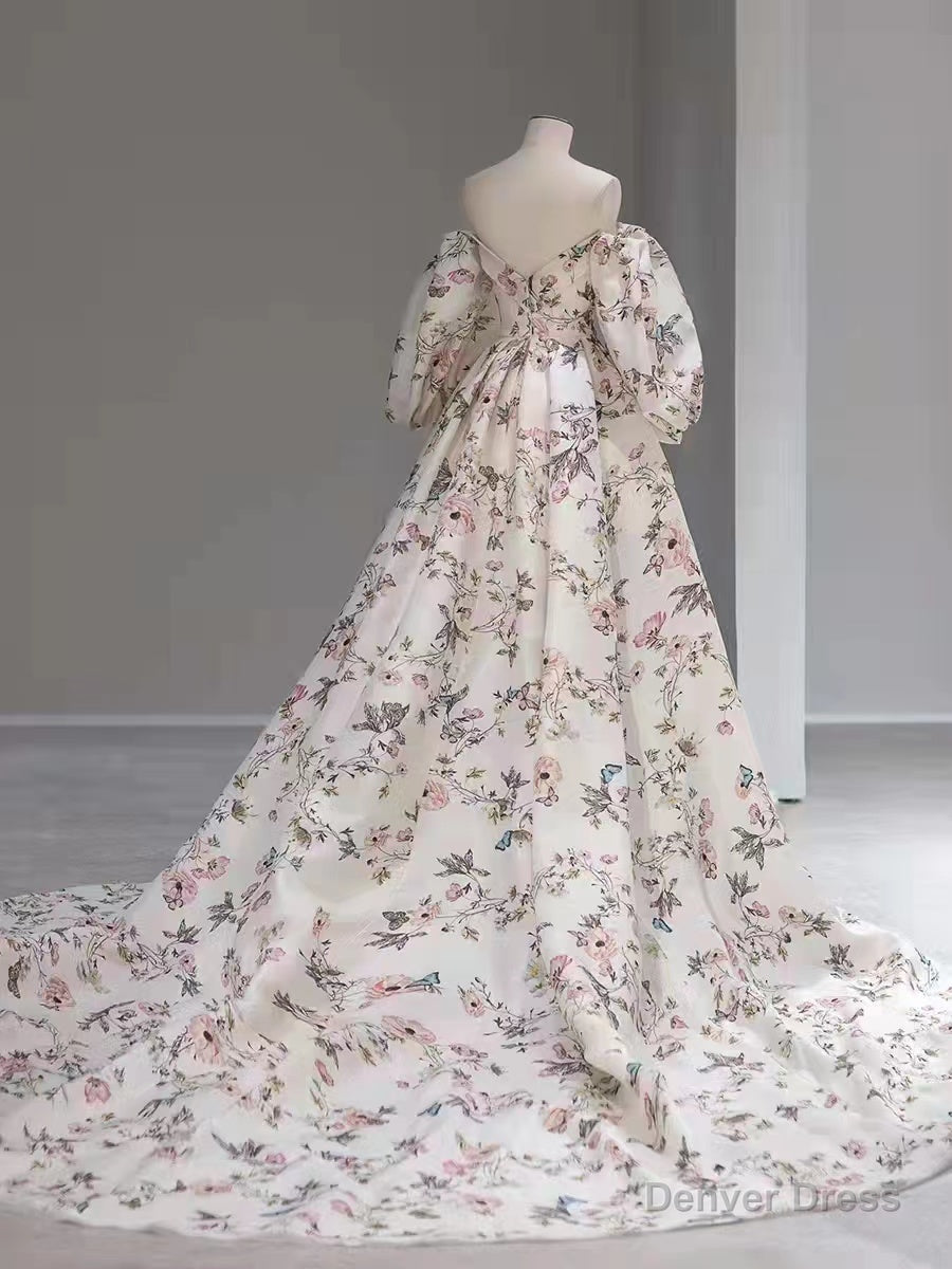 Bubble Sleeves A Line Prom Dress, Elegant Floral Long Prom Dress, Popular Wedding Guest Dresses