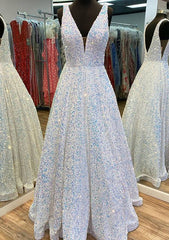 Princess A-line V Neck Sleeveless Velvet Sequins Long/Floor-Length Prom Dress With Pockets