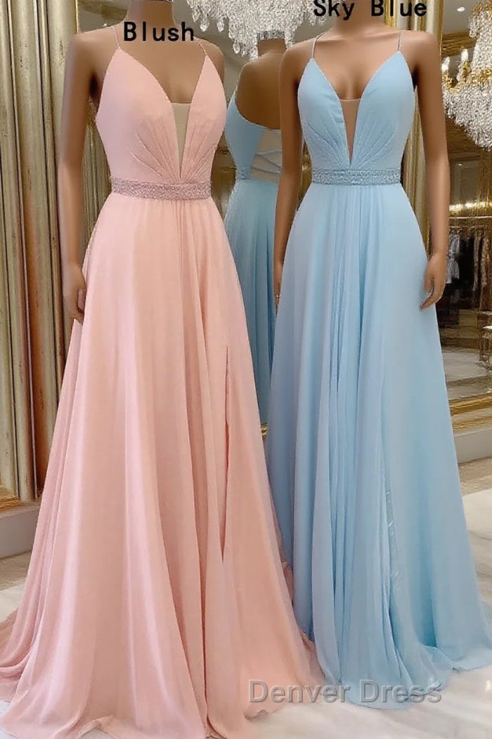 A-line V Neck Sleeveless Chiffon Sweep Train Prom Dresses With Beading Pleated Main image