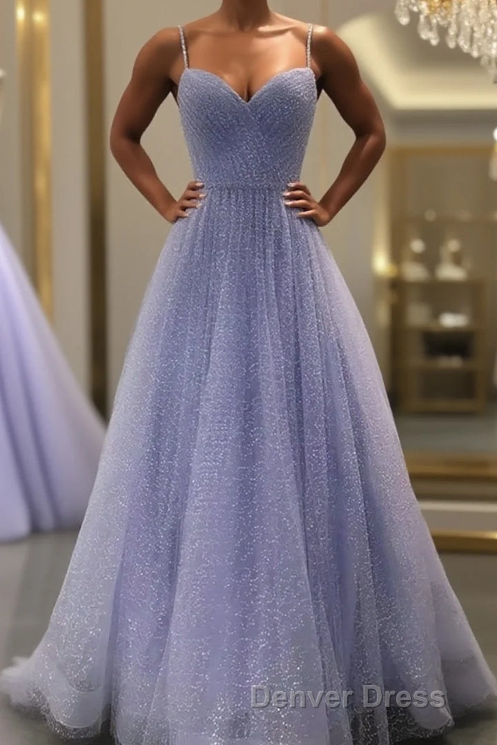 Lavender Prom Dresses, A-line V Neck Spaghetti Straps Long/Floor-Length Tulle Prom Dresses With Beading Sequins Main image