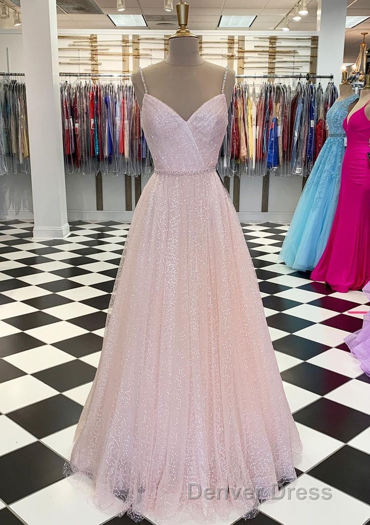 Lavender Prom Dresses, A-line V Neck Spaghetti Straps Long/Floor-Length Tulle Prom Dresses With Beading Sequins Secondary image