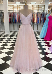 Lavender Prom Dresses, A-line V Neck Spaghetti Straps Long/Floor-Length Tulle Prom Dresses With Beading Sequins