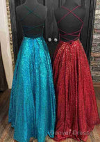 Fantasy Prom Dress, Princess A Line Bateau Sleeveless Sequined Long Floor Length Prom Dresses