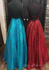 Fantasy Prom Dresses, Princess A-line Bateau Sleeveless Sequined Long/Floor-Length Prom Dresses