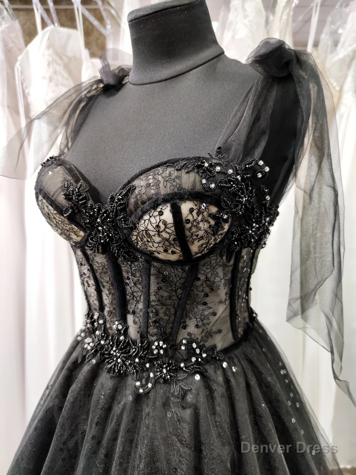 Tulle Black Prom Dress, Off Shoulder A Line Prom Dress Elegant Prom Dresses