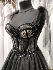 Tulle Black Prom Dress, Off Shoulder A-Line Party Dress Elegant Evening Dress