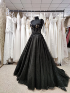 Tulle Black Prom Dress, Off Shoulder A Line Prom Dress Elegant Prom Dresses