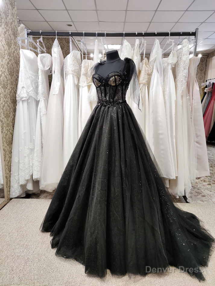 Tulle Black Prom Dress, Off Shoulder A Line Prom Dress Elegant Prom Dresses