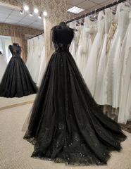 Tulle Black Prom Dress, Off Shoulder A-Line Party Dress Elegant Evening Dress