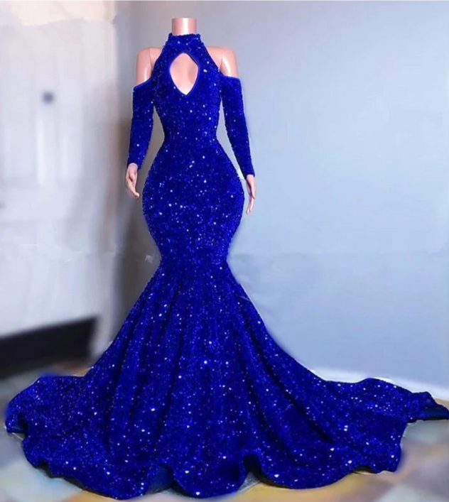 Blue sequin mermaid prom dress, shimmery African women party dresses