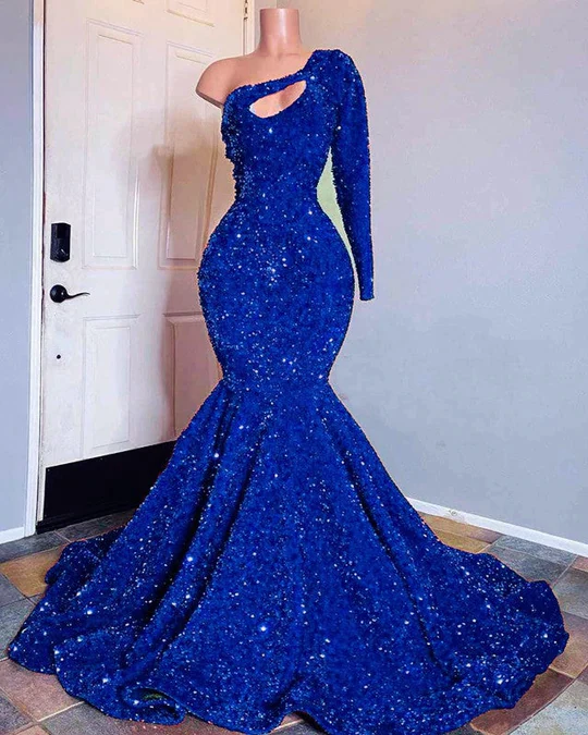 Blue sequin mermaid prom dresses, shimmery African women party dresses
