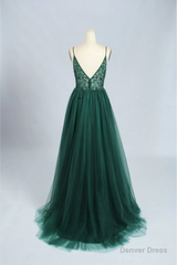 Spaghetti Strap Green A Line Long Prom Dress V Neck Formal Evening Gown Party Dress