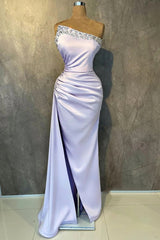 chic & modern lilac sheath strapless beaded pleats prom evening dress