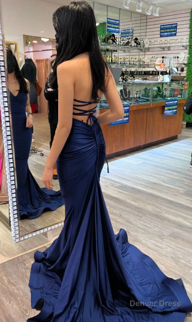 Charming Navy Mermaid Prom Dresses,Backless Prom Gowns Main image