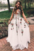 V-Neck Sexy Floral Embroidered Long Prom Dresses