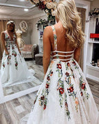 V-Neck Sexy Floral Embroidered Long Prom Dresses