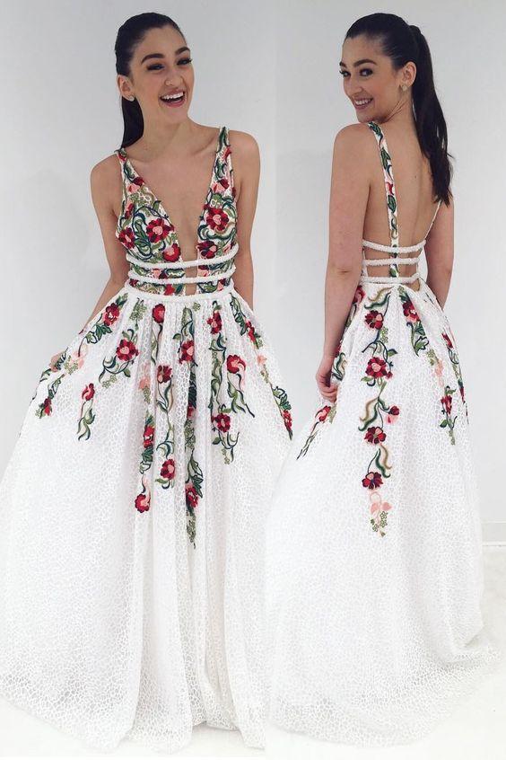 V-Neck Sexy Floral Embroidered Long Prom Dresses