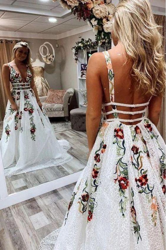 V-Neck Sexy Floral Embroidered Long Prom Dresses