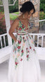 V-Neck Sexy Floral Embroidered Long Prom Dresses