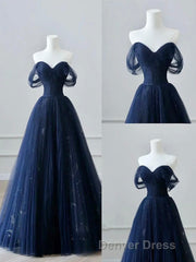 A-Line Off Shoulder Tulle Lace Dark Blue Long Prom Dresses, Dark Blue Long Evening Dresses