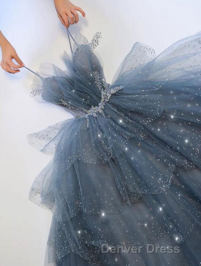 A Line Tulle Layers Beaded Straps Long Prom Dress, Tulle Prom Dress